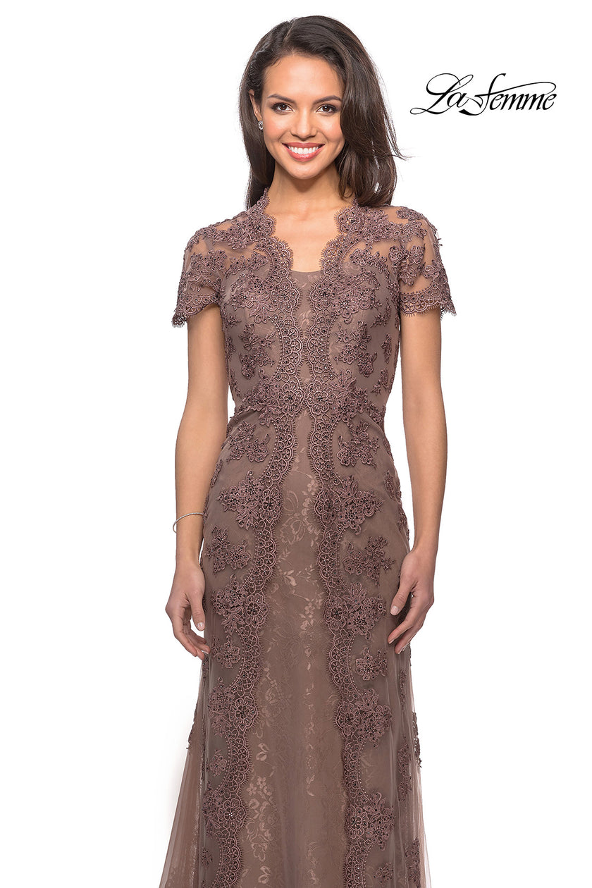 Picture of: Long Lace Evening Dress with Scallop Detailing and Rhinestones in Cocoa, Style: 28195, Detail Picture 4