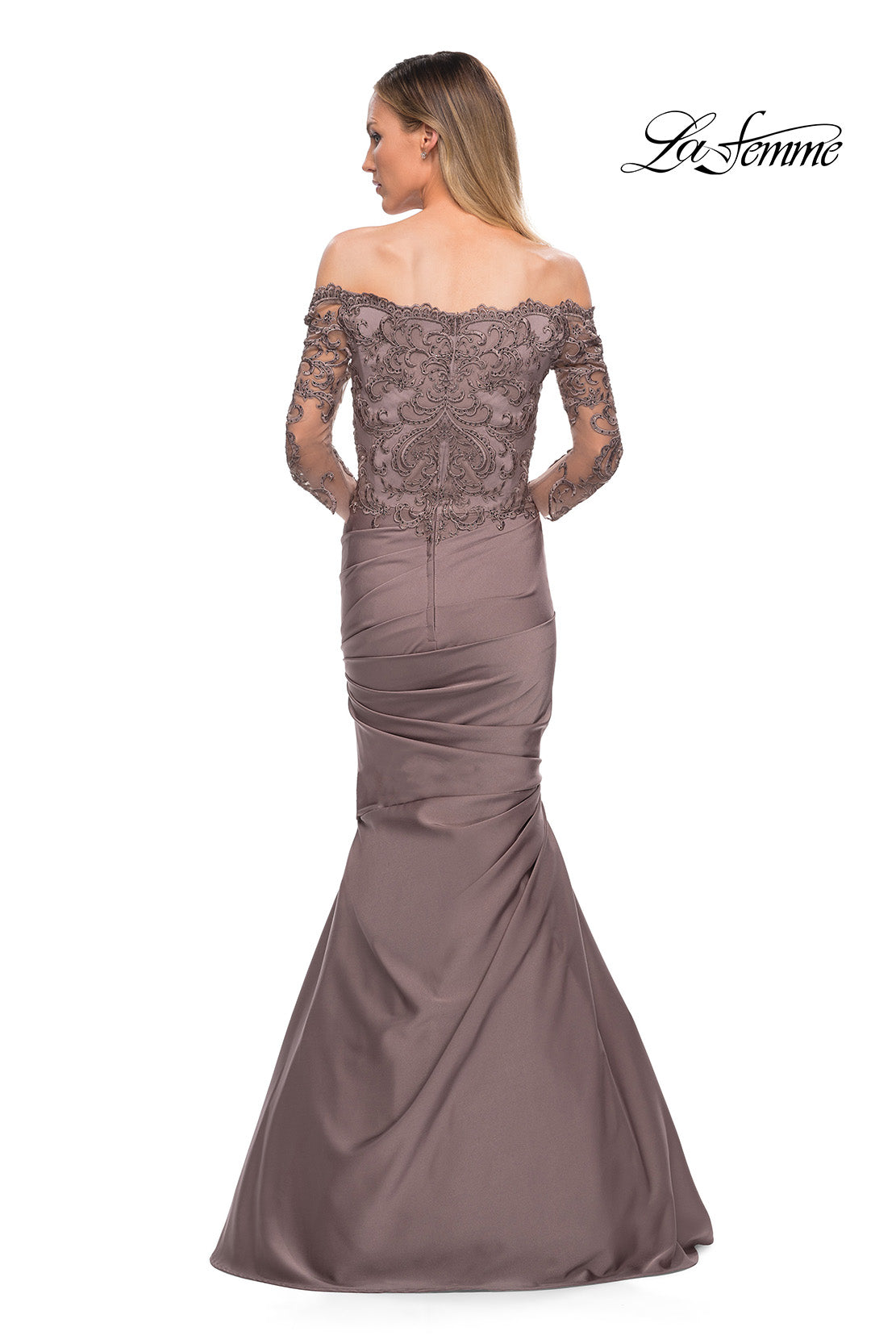 Picture of: Satin Mermaid Gown with Off the Shoulder Lace Bodice in Cocoa, Detail Picture 4