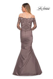 Picture of: Satin Mermaid Gown with Off the Shoulder Lace Bodice in Cocoa, Detail Picture 4