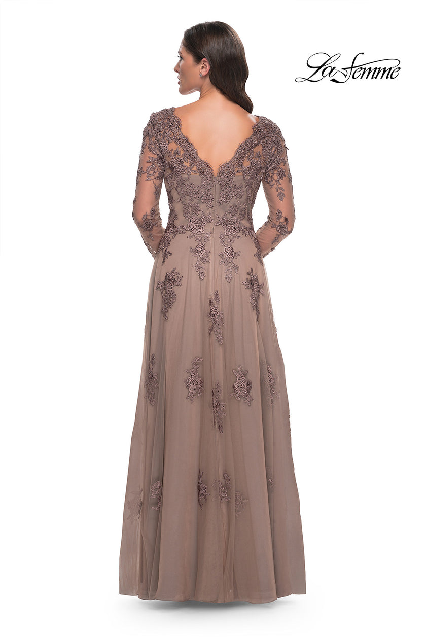 Picture of: Long Sleeve Lace and Tulle Dress with V Neckline in Cocoa, Style: 30795, Detail Picture 4