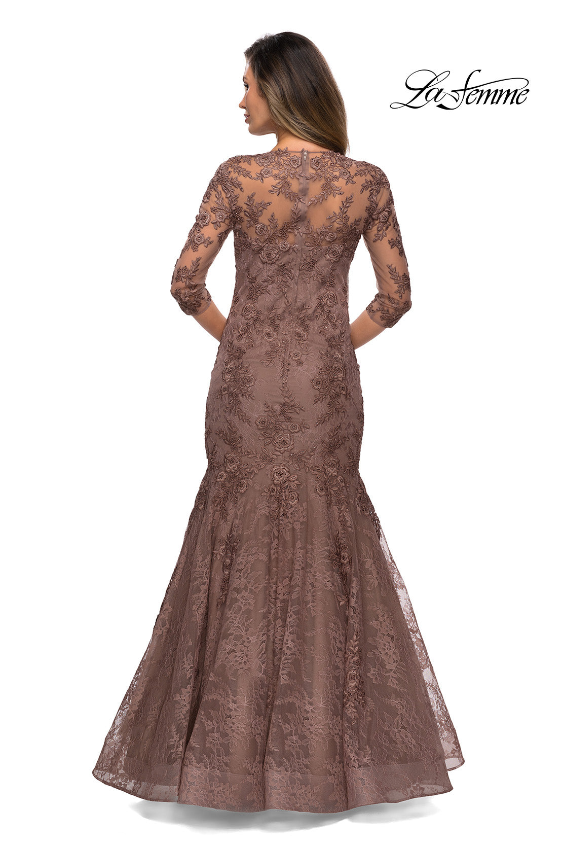 Picture of: Long Lace Mermaid Gown with Square Neckline in Cocoa, Style: 28033, Detail Picture 5