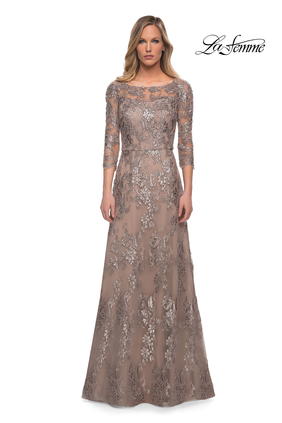 Picture of: Long Lace Dress with Sequins and Sheer 3/4 Sleeves in Cocoa, Detail Picture 6