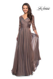 Picture of: Floor Length Chiffon Dress with Lace Sleeves in Cocoa, Style: 27153, Detail Picture 7