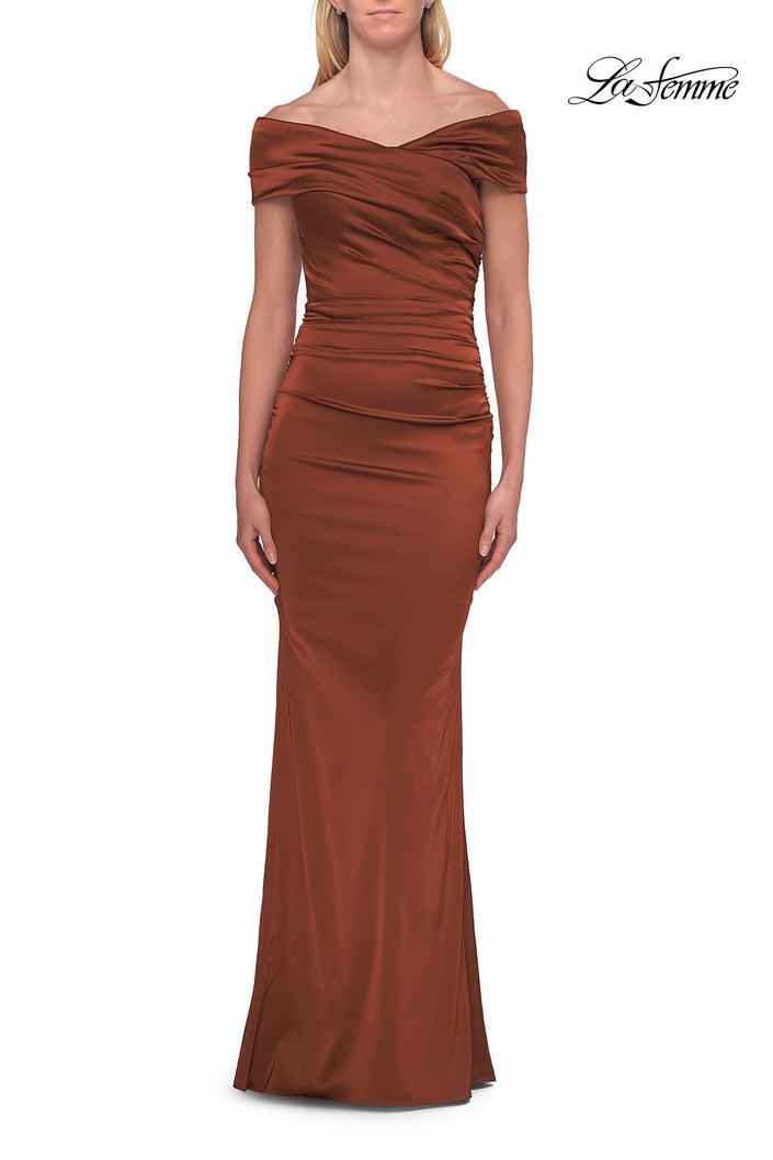 Picture of: Off-the-Shoulder Ruched Satin Evening Gown in Copper, Style: 33620, Detail Picture 9