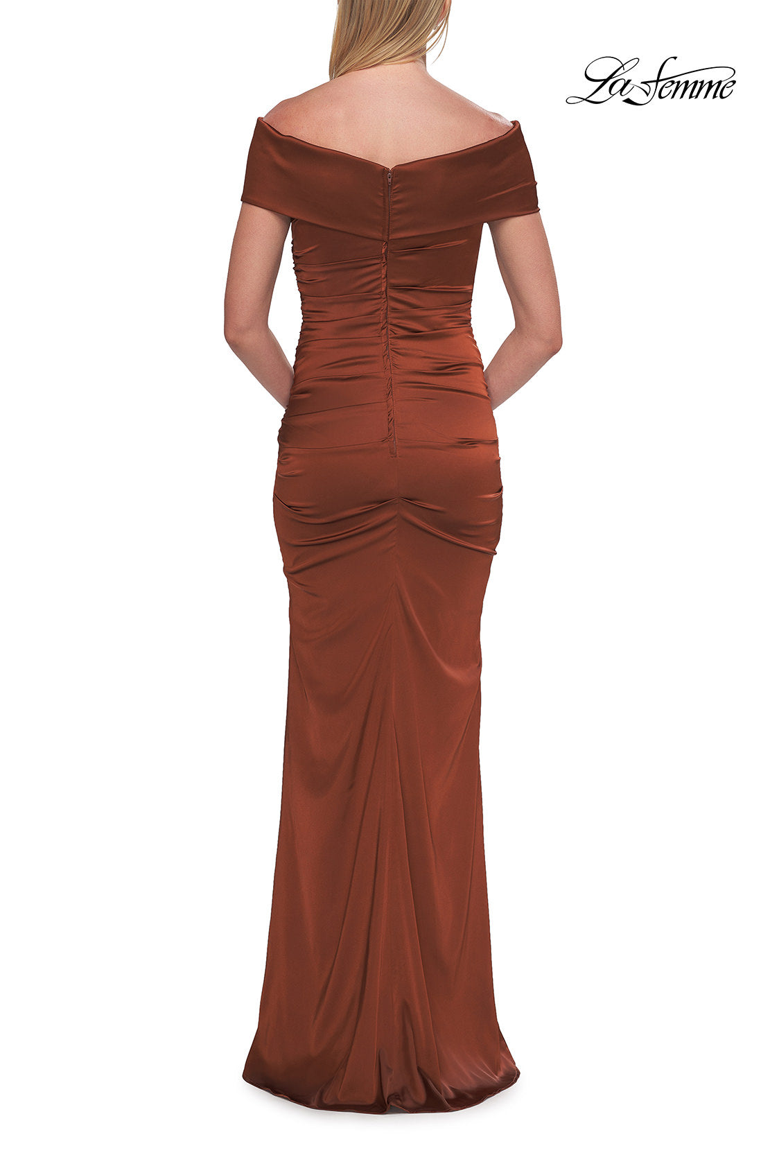 Picture of: Off-the-Shoulder Ruched Satin Evening Gown in Copper, Style: 33620, Detail Picture 10