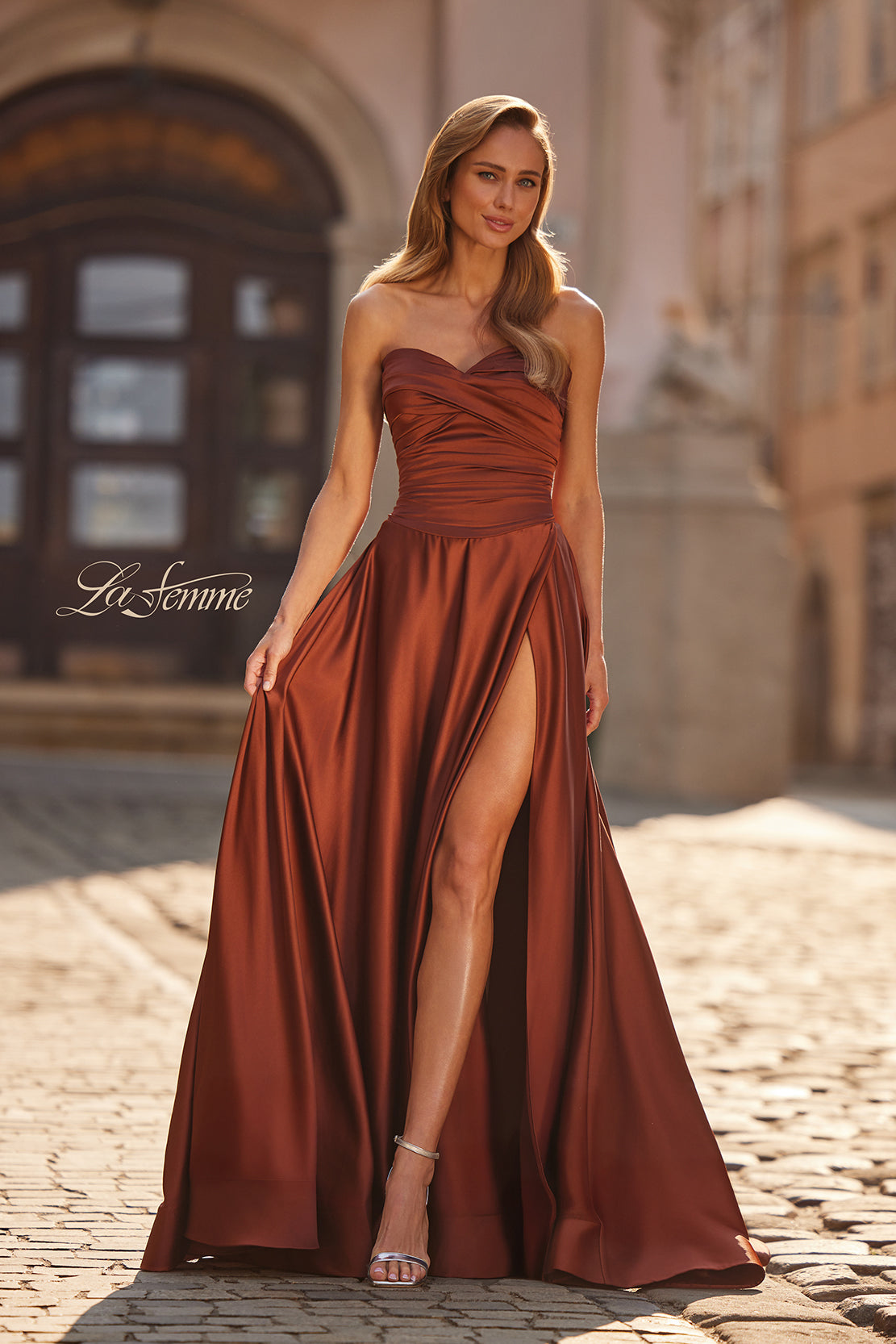 Picture of: Strapless Satin A-Line Gown with Draped Bodice and High Slit in Copper, Style: 33417, Main Picture