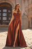 Picture of: Strapless Satin A-Line Gown with Draped Bodice and High Slit in Copper, Style: 33417, Main Picture