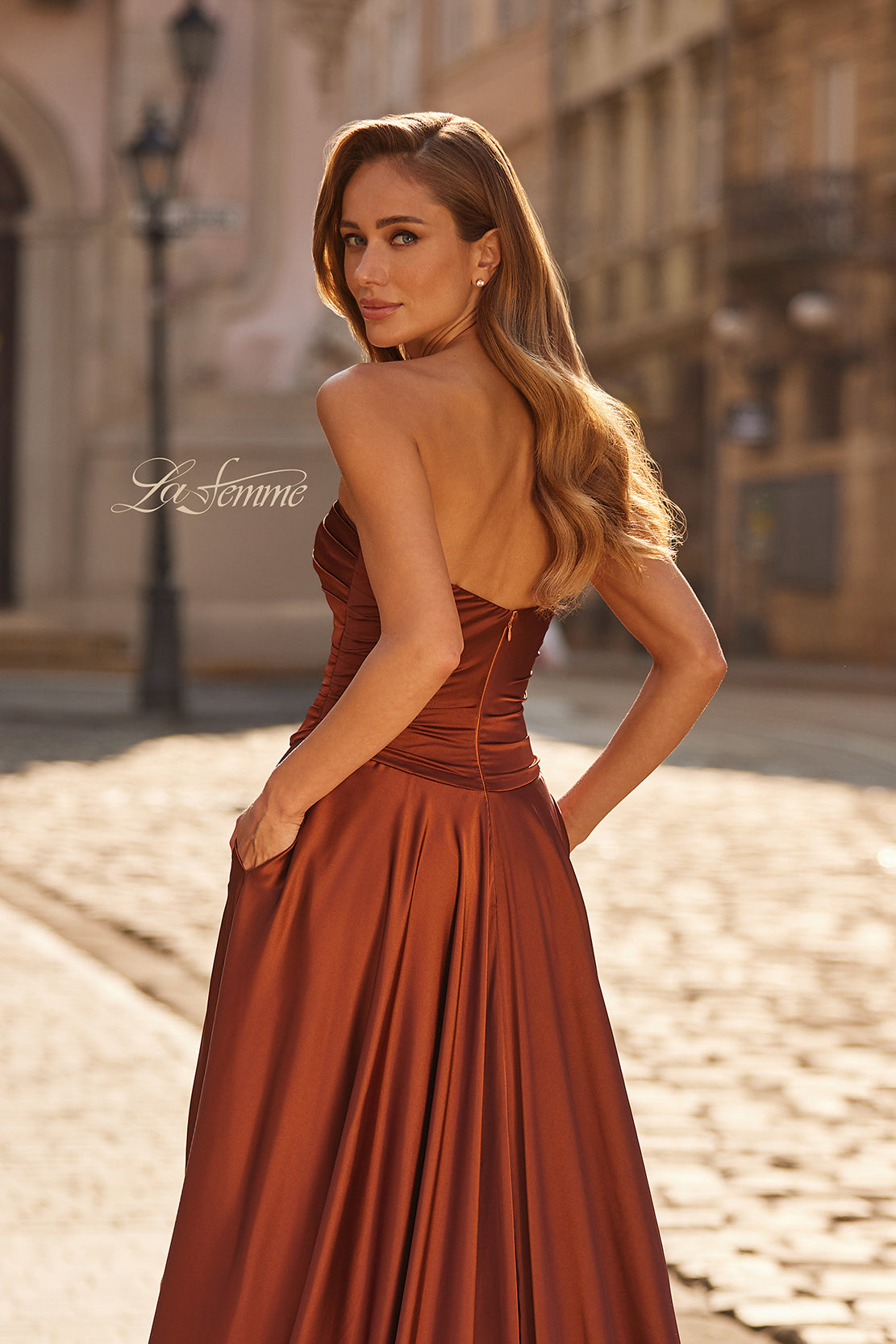 Picture of: Strapless Satin A-Line Gown with Draped Bodice and High Slit in Copper, Style: 33417, Detail Picture 15