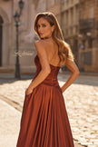 Picture of: Strapless Satin A-Line Gown with Draped Bodice and High Slit in Copper, Style: 33417, Detail Picture 15