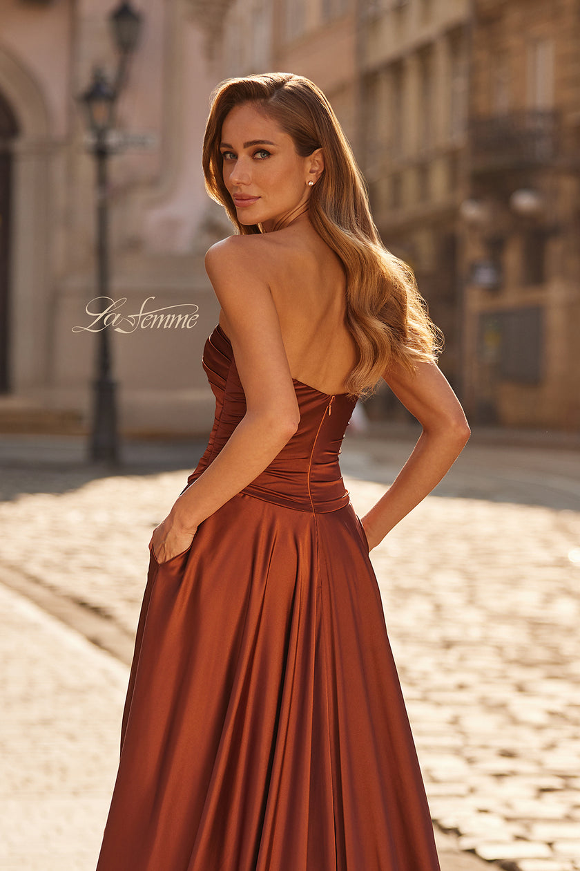 Picture of: Strapless Satin A-Line Gown with Draped Bodice and High Slit in Copper, Style: 33417, Detail Picture 15