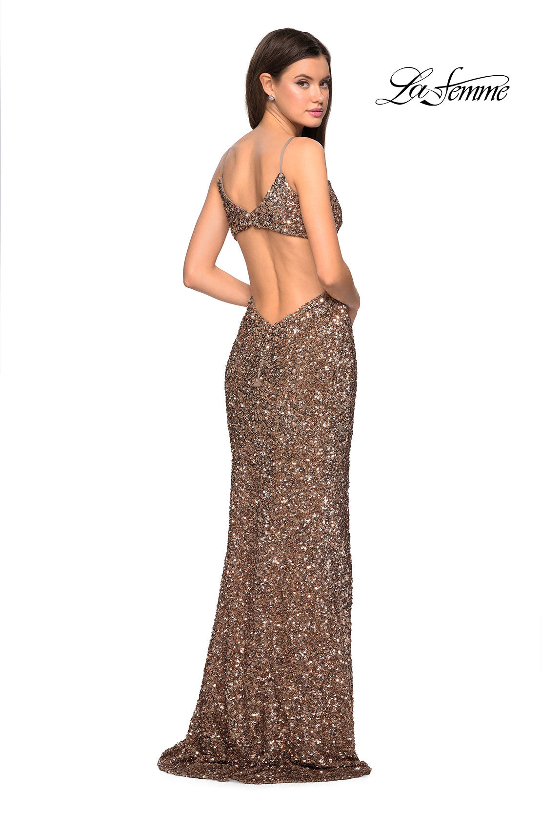 Picture of: sequin Prom Gown with Cut Out Back and Slit in Copper, Style: 27191, Back Picture