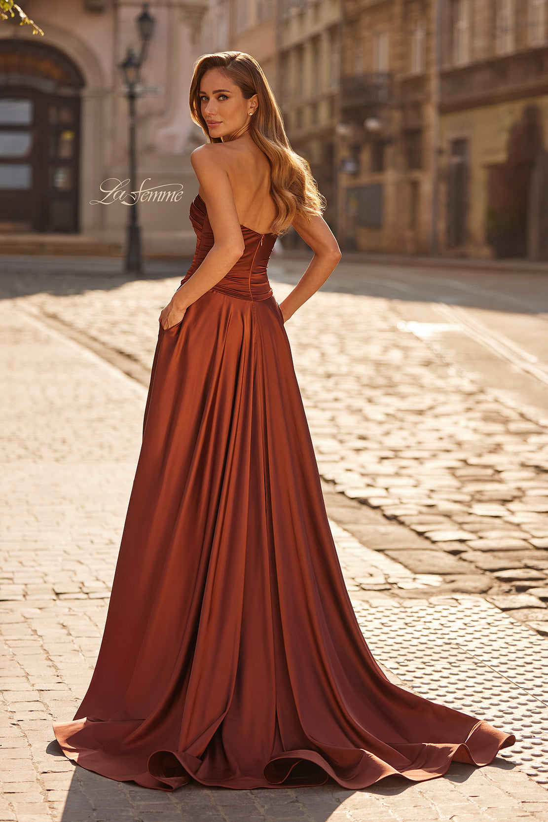 Picture of: Strapless Satin A-Line Gown with Draped Bodice and High Slit in Copper, Style: 33417, Back Picture