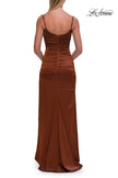 Picture of: Satin Fitted Gown with High Slit and Adjustable Spaghetti Straps in Copper, Style: 33413, Detail Picture 19