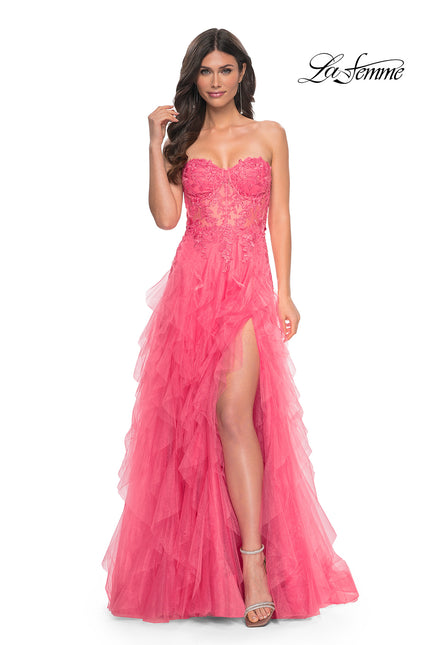 Picture of: A-Line Ruffle Tulle Prom Dress with Lace Bustier Bodice in Orange, Style: 32286, Main Picture