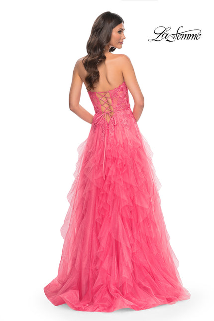 Picture of: A-Line Ruffle Tulle Prom Dress with Lace Bustier Bodice in Orange, Style: 32286, Back Picture