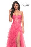 Picture of: A-Line Ruffle Tulle Prom Dress with Lace Bustier Bodice in Orange, Style: 32286, Detail Picture 1