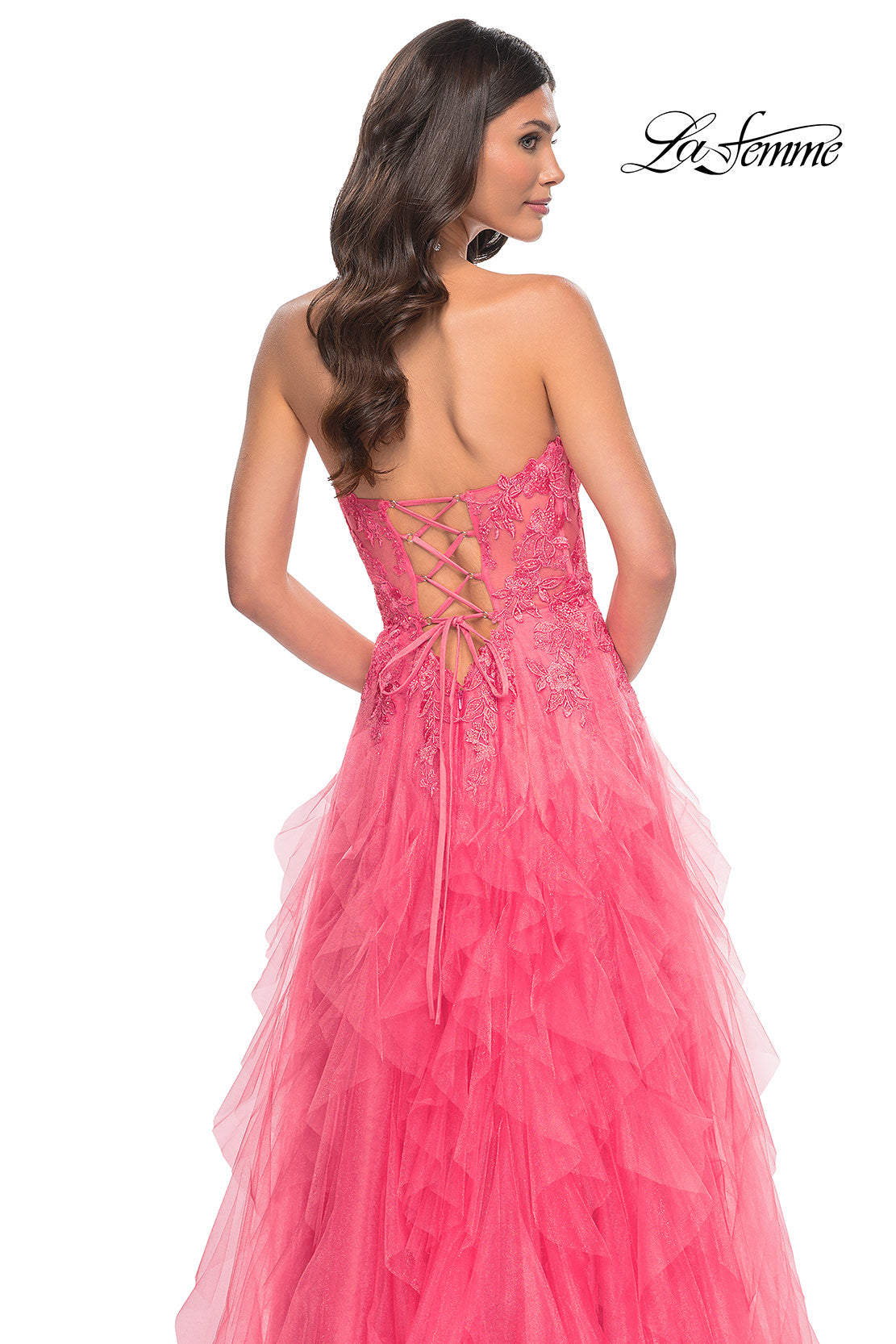 Picture of: A-Line Ruffle Tulle Prom Dress with Lace Bustier Bodice in Orange, Style: 32286, Detail Picture 2