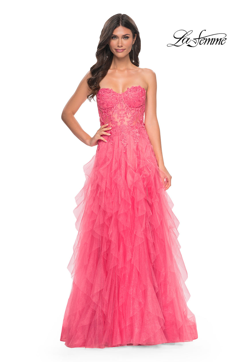 Picture of: A-Line Ruffle Tulle Prom Dress with Lace Bustier Bodice in Orange, Style: 32286, Detail Picture 3