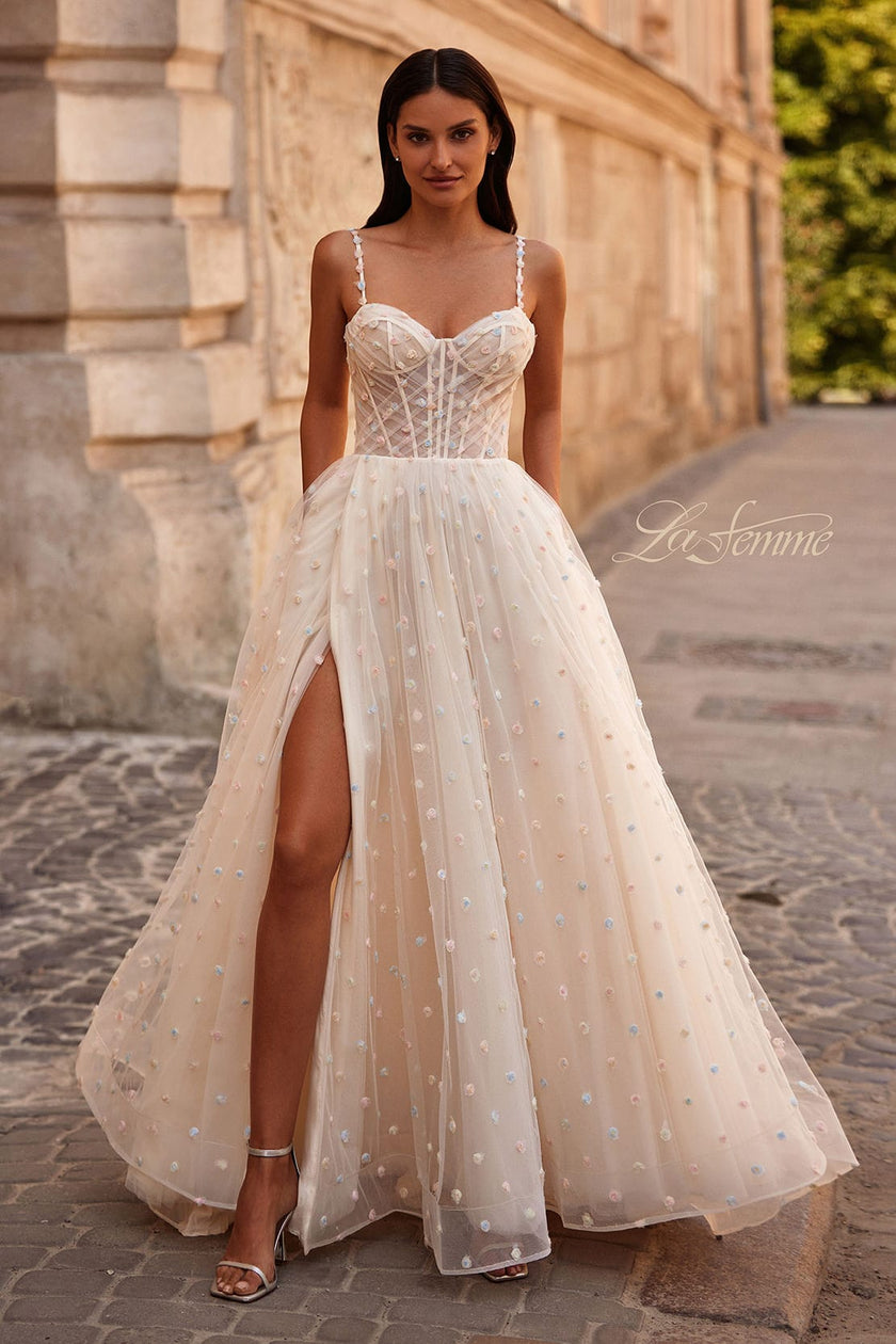 Picture of: Polka Dot Tulle Prom Dress with Sheer Corset Top in Cream , Style 32716, Main Picture