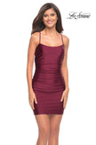 Picture of: Simple Short Jersey Dress with Ruching and Strappy Back in Dark Berry, Detail Picture 1