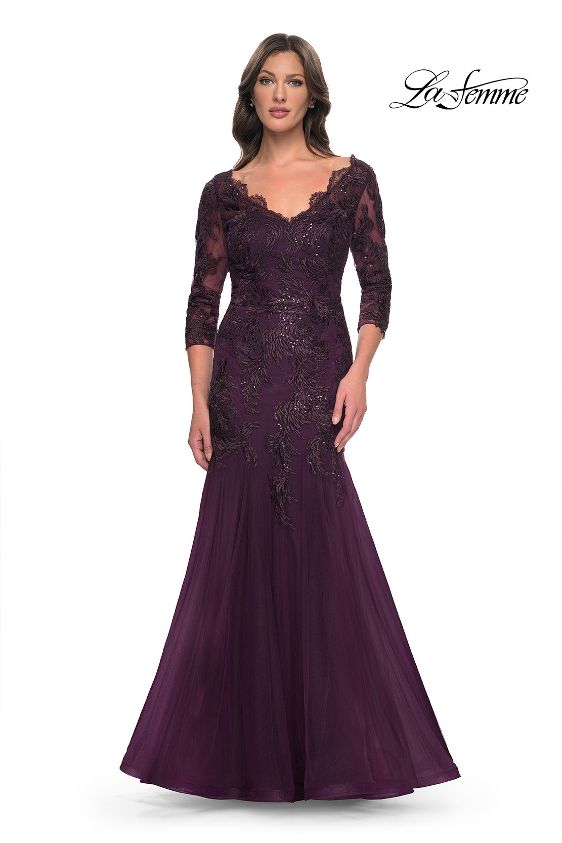 Picture of: Mermaid Tulle and Lace Dress with Scallop Detailed Neckline in Dark Berry, Style: 30823, Main Picture