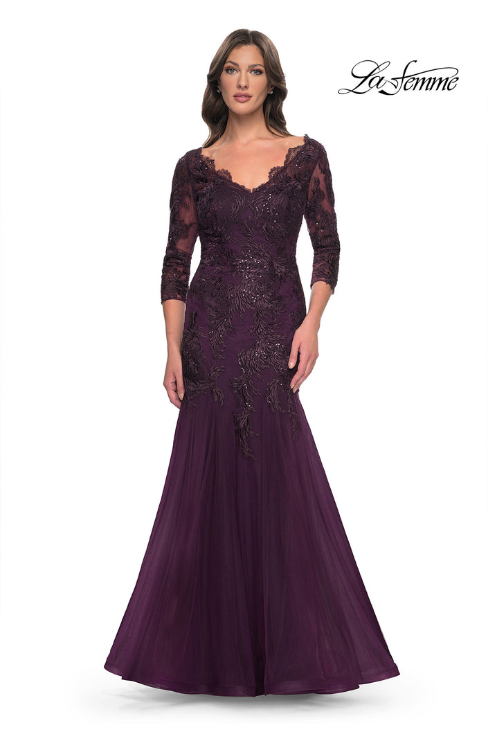 Picture of: Mermaid Tulle and Lace Dress with Scallop Detailed Neckline in Dark Berry, Style: 30823, Main Picture