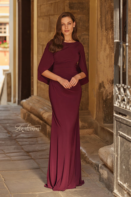 Picture of: Draped Cape Sleeve Jersey Gown with Ruched Bodice in Dark Berry, Style: 33148, Main Picture