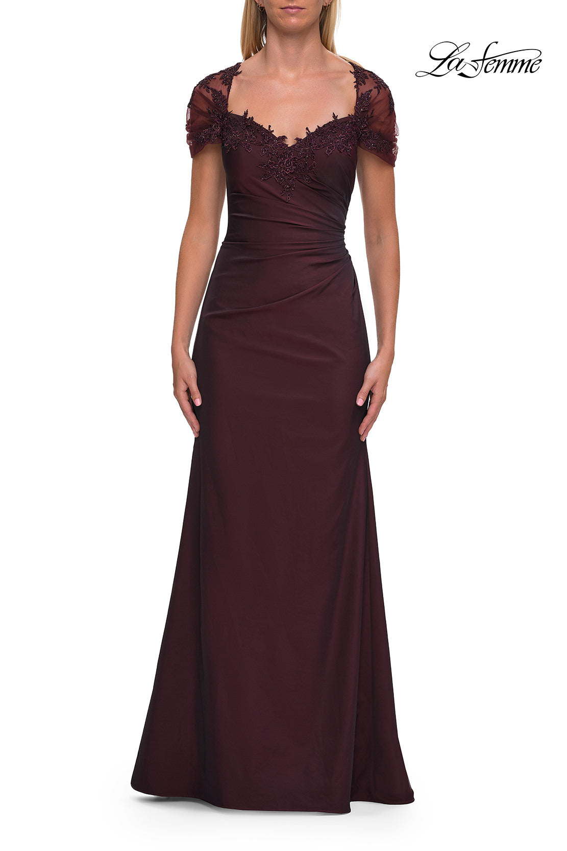 Picture of: Embroidered Lace Sleeve Gown with Keyhole Back in Dark Berry, Style: 33579, Main Picture