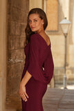 Picture of: Draped Cape Sleeve Jersey Gown with Ruched Bodice in Dark Berry, Style: 33148, Detail Picture 10