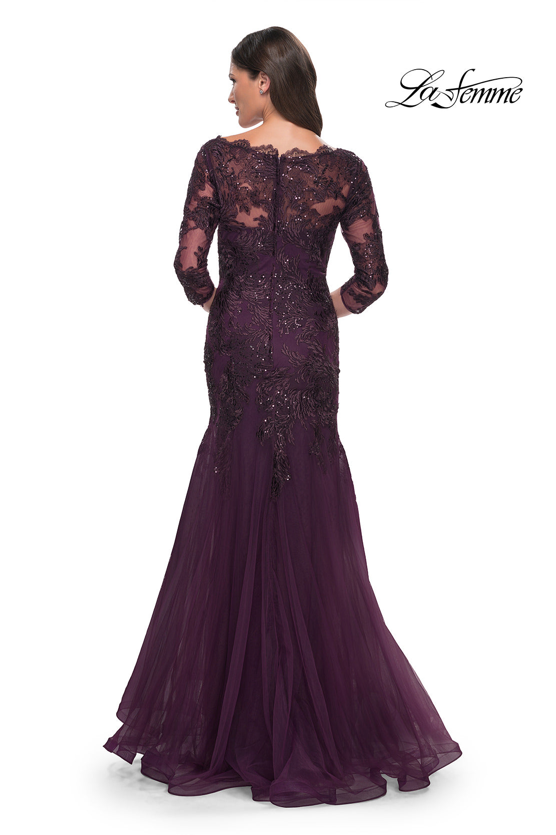 Picture of: Mermaid Tulle and Lace Dress with Scallop Detailed Neckline in Dark Berry, Style: 30823, Back Picture