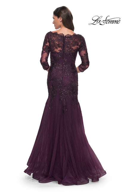 Picture of: Mermaid Tulle and Lace Dress with Scallop Detailed Neckline in Dark Berry, Style: 30823, Back Picture