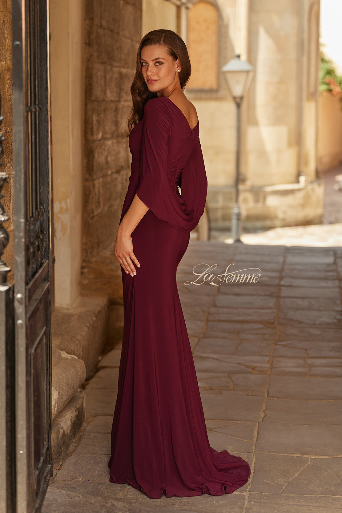 Picture of: Draped Cape Sleeve Jersey Gown with Ruched Bodice in Dark Berry, Style: 33148, Back Picture