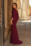 Picture of: Draped Cape Sleeve Jersey Gown with Ruched Bodice in Dark Berry, Style: 33148, Back Picture