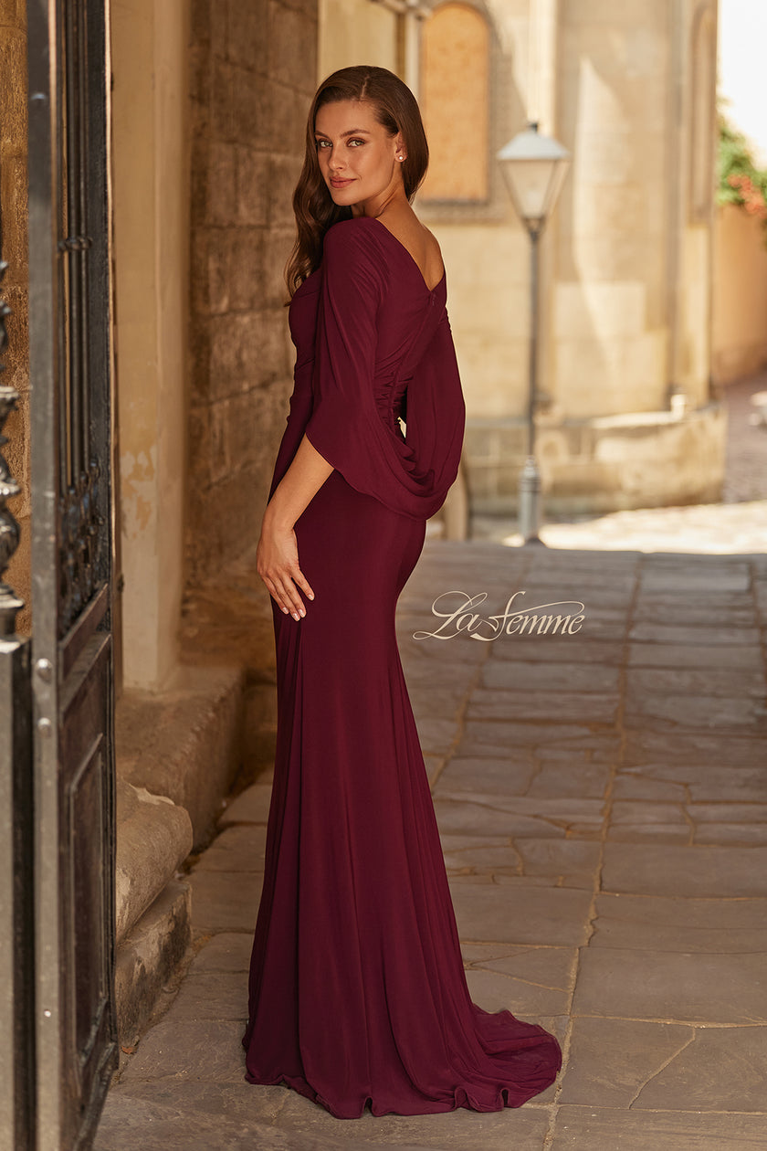 Picture of: Draped Cape Sleeve Jersey Gown with Ruched Bodice in Dark Berry, Style: 33148, Back Picture