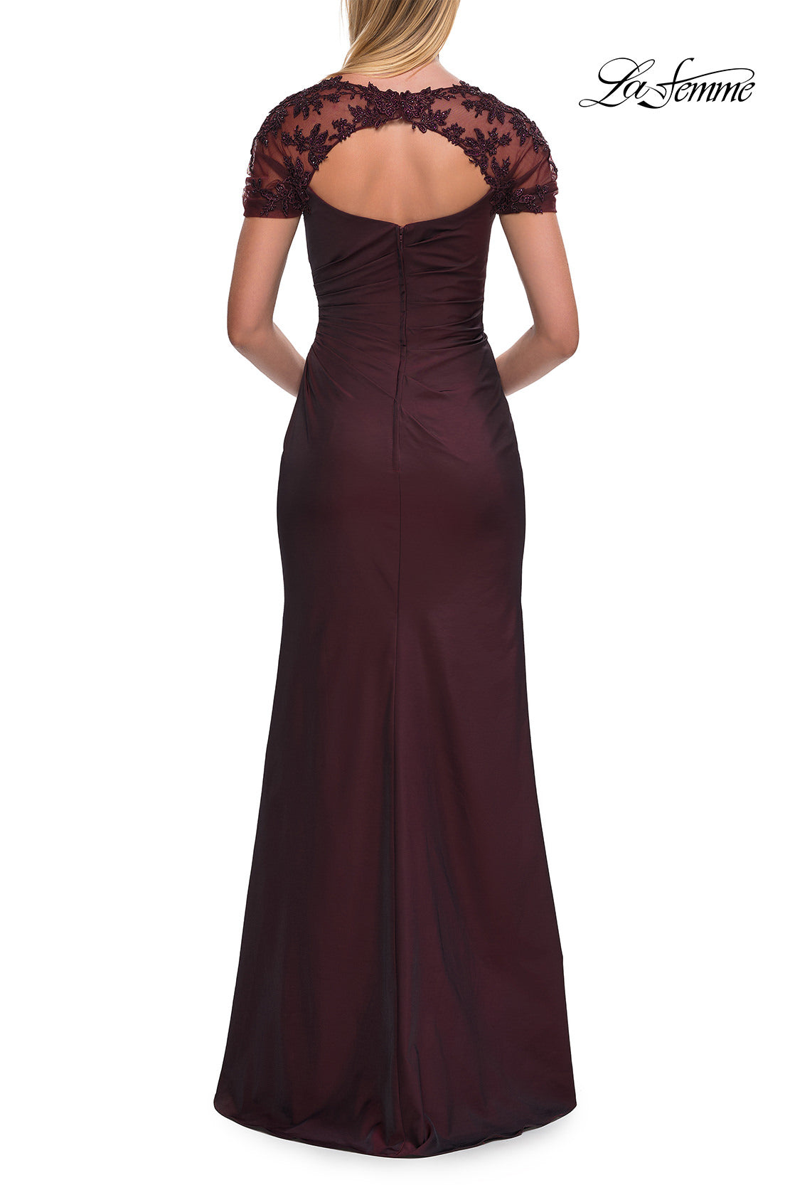 Picture of: Embroidered Lace Sleeve Gown with Keyhole Back in Dark Berry, Style: 33579, Back Picture