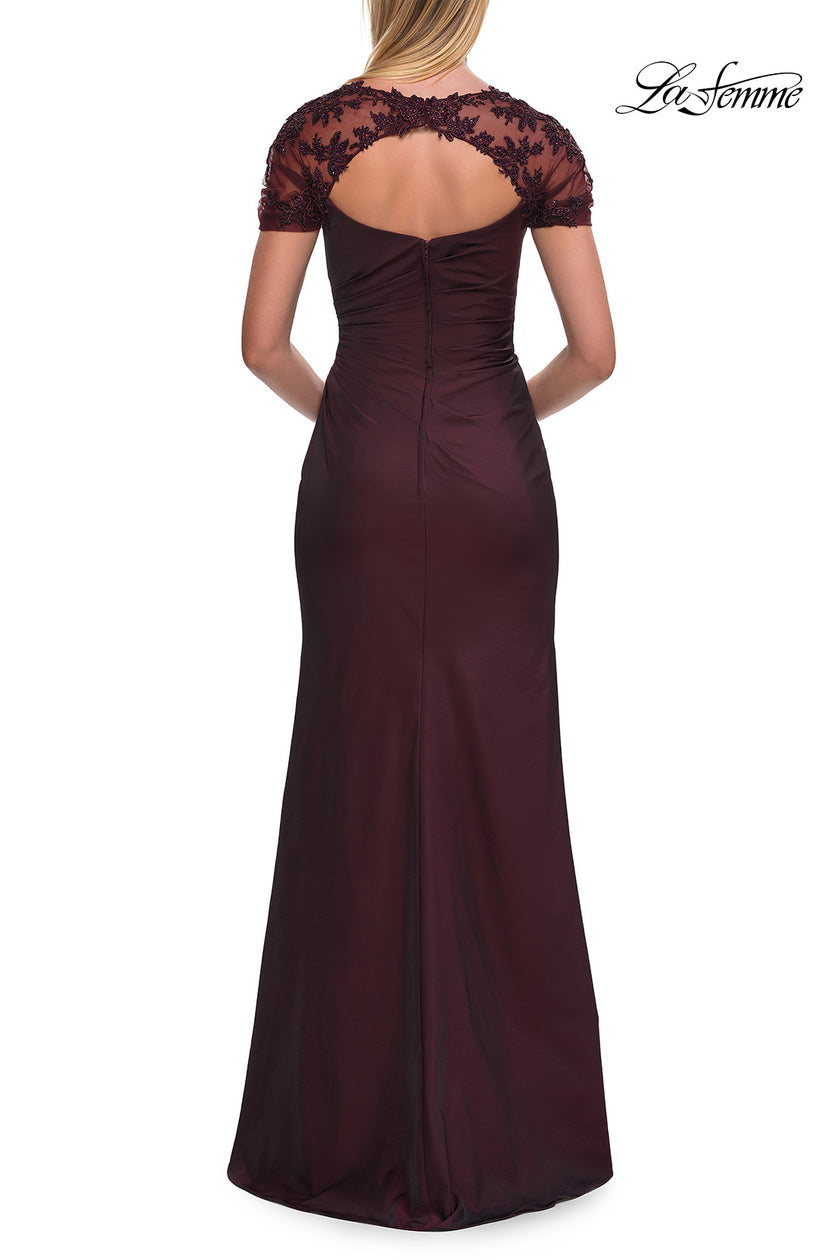 Picture of: Embroidered Lace Sleeve Gown with Keyhole Back in Dark Berry, Style: 33579, Back Picture