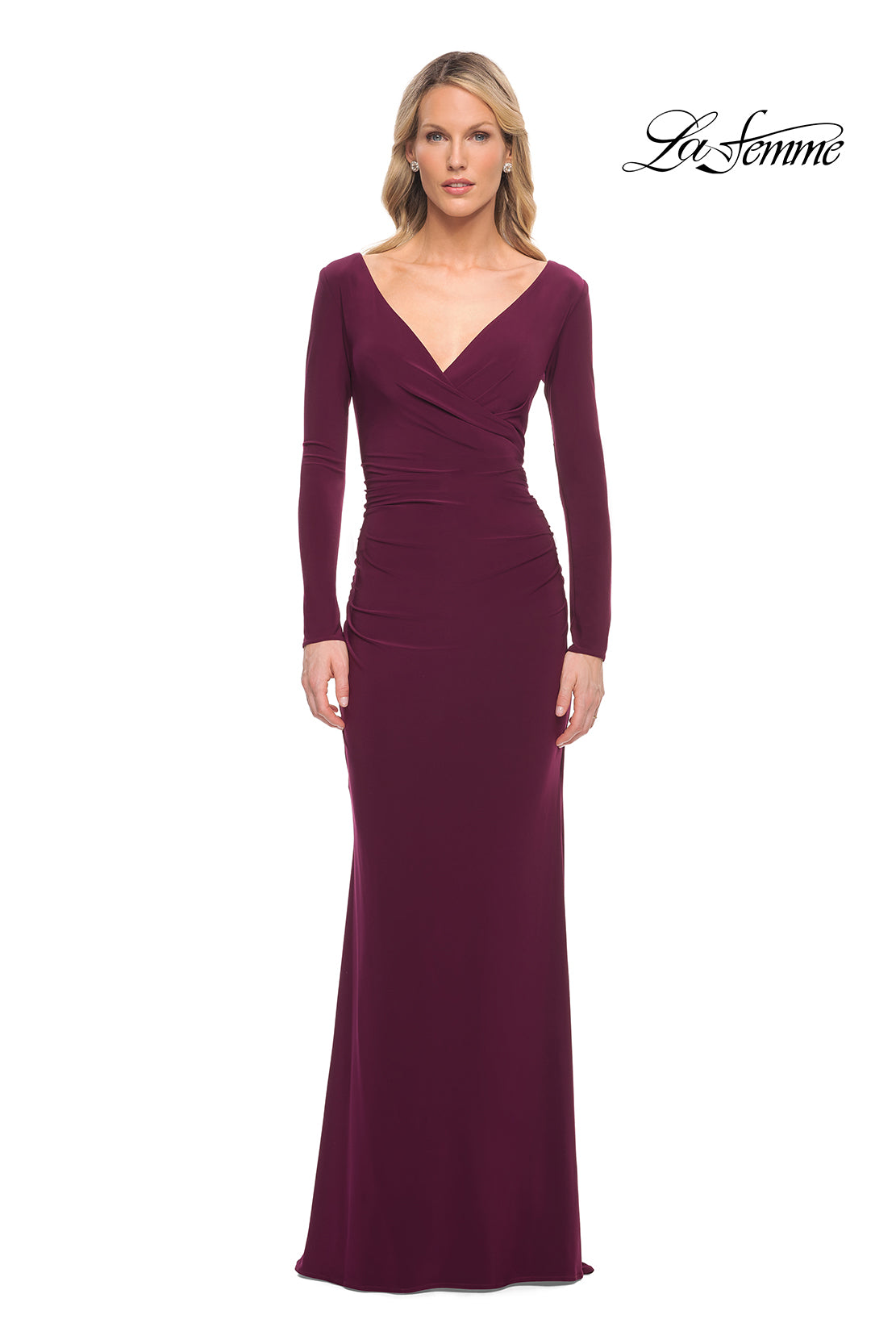 Picture of: Long Sleeve Jersey Evening Dress with Ruching in Dark Berry, Detail Picture 1