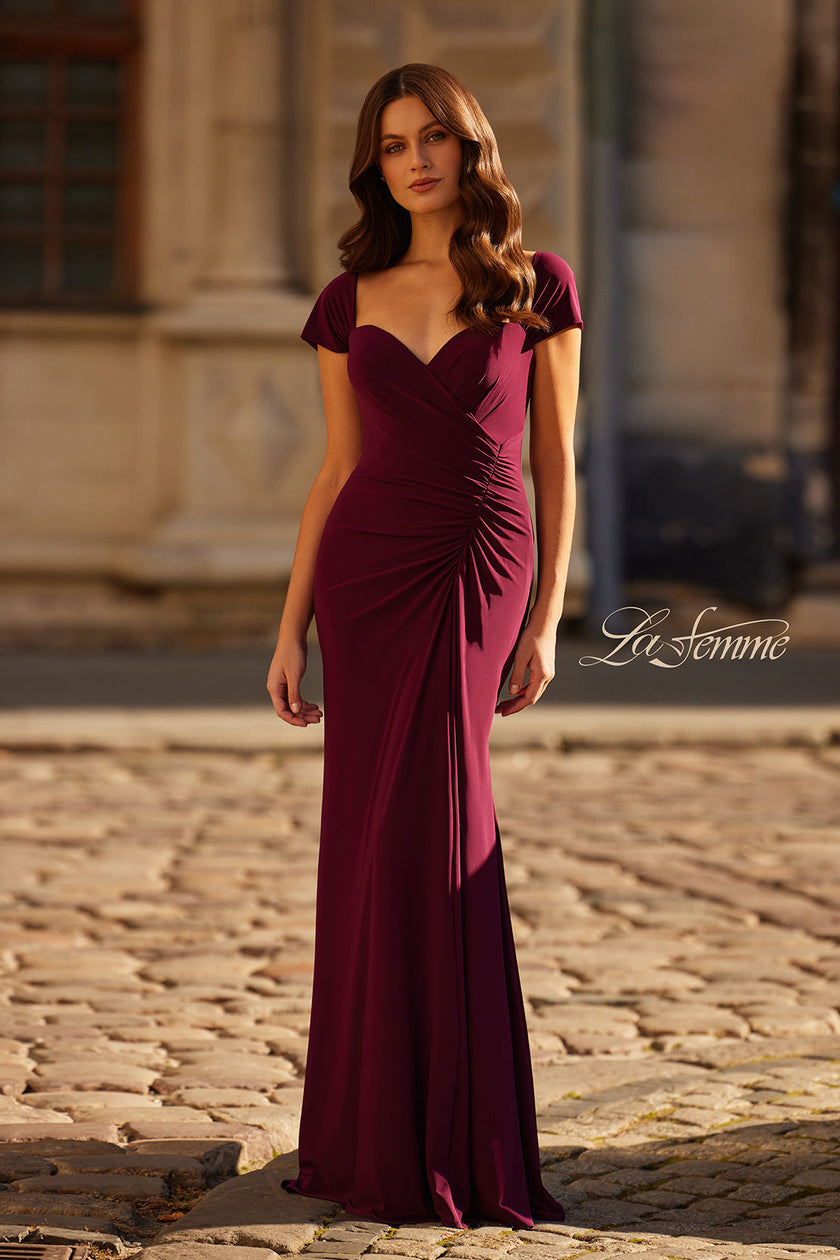 Picture of: Jersey Evening Dress with Cap Sleeves and Ruching in Dark Berry, Style: 30874, Detail Picture 1