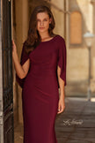 Picture of: Draped Cape Sleeve Jersey Gown with Ruched Bodice in Dark Berry, Style: 33148, Detail Picture 1