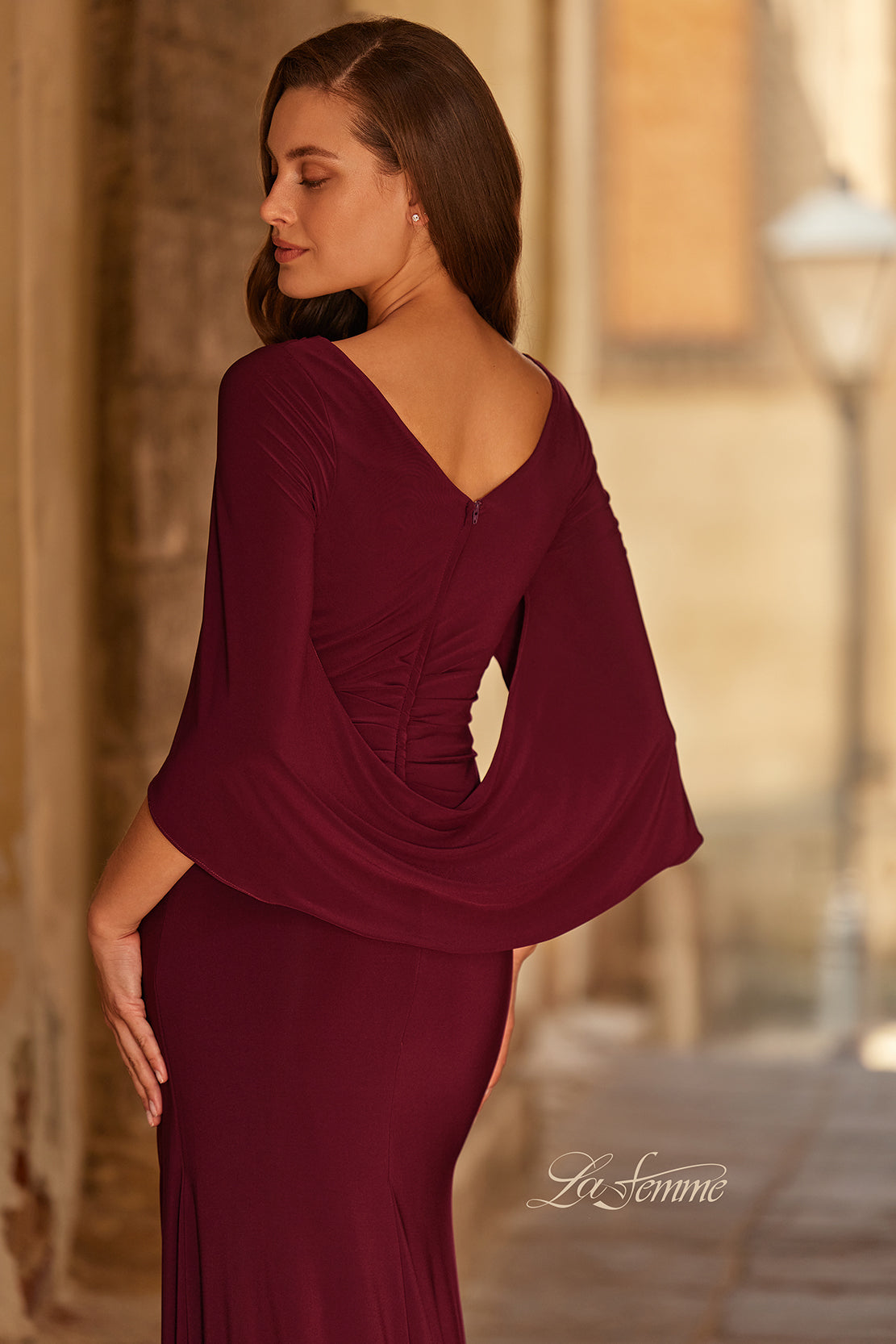 Picture of: Draped Cape Sleeve Jersey Gown with Ruched Bodice in Dark Berry, Style: 33148, Detail Picture 2