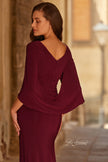 Picture of: Draped Cape Sleeve Jersey Gown with Ruched Bodice in Dark Berry, Style: 33148, Detail Picture 2