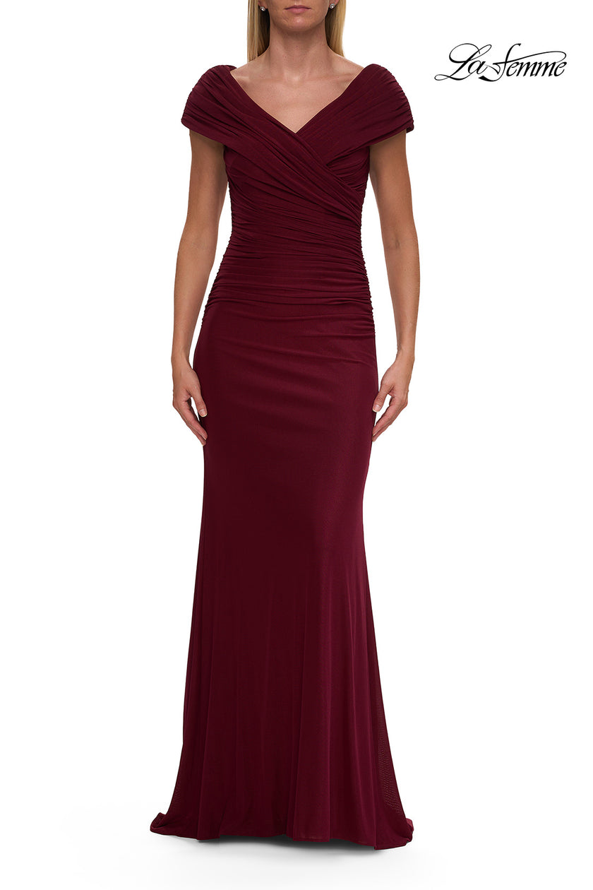 Picture of: Off the Shoulder Ruched Net Jersey Evening Dress in Dark Berry, Style: 29558, Detail Picture 3