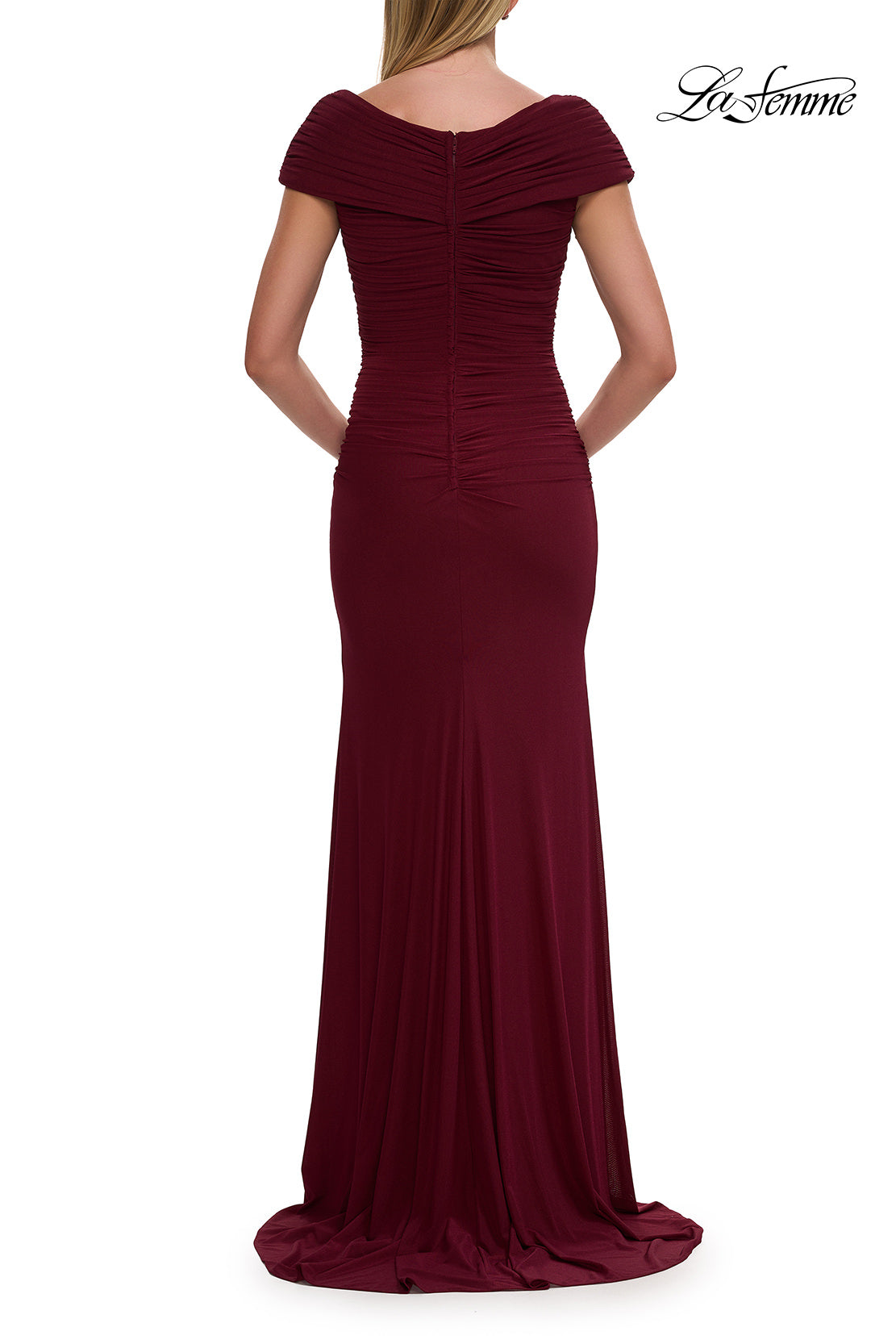 Picture of: Off the Shoulder Ruched Net Jersey Evening Dress in Dark Berry, Style: 29558, Detail Picture 4