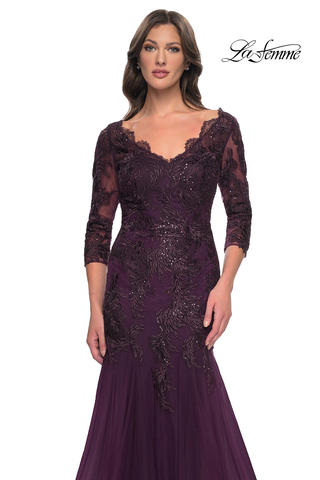 Picture of: Mermaid Tulle and Lace Dress with Scallop Detailed Neckline in Dark Berry, Style: 30823, Detail Picture 6