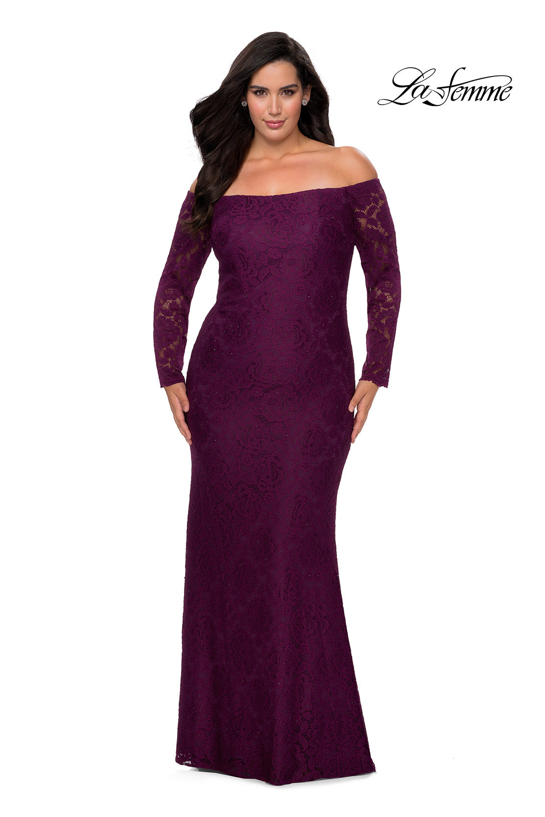 Picture of: Long Sleeve Off The Shoulder Lace Plus Size Dress in Burgundy, Style: 28859, Main Picture