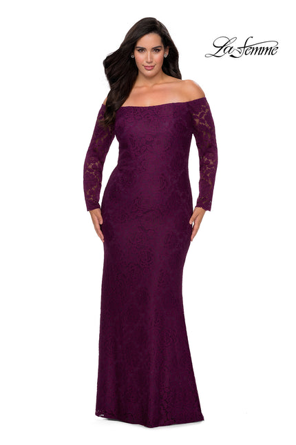 Picture of: Long Sleeve Off The Shoulder Lace Plus Size Dress in Burgundy, Style: 28859, Main Picture