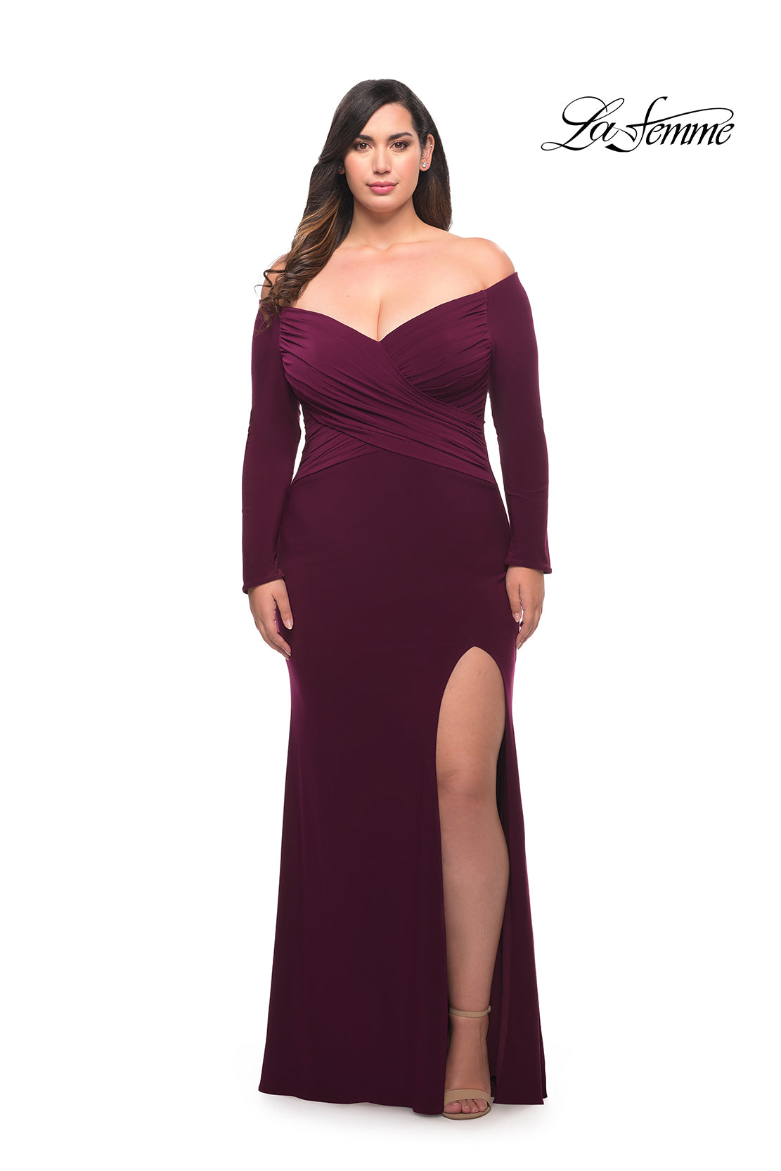 Picture of: Long Sleeve Off the Shoulder Plus Size Gown in Dark Berry, Style: 29530, Main Picture