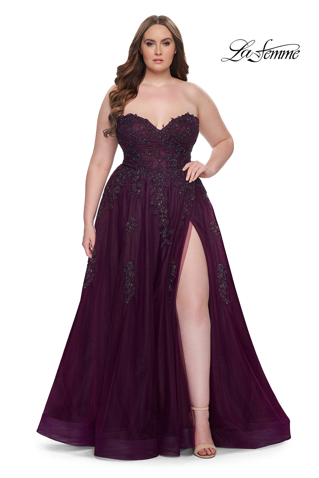 Picture of: Strapless Lace and Tulle A-Line Plus Gown with Tie Back in Dark Berry, Style: 31570, Main Picture