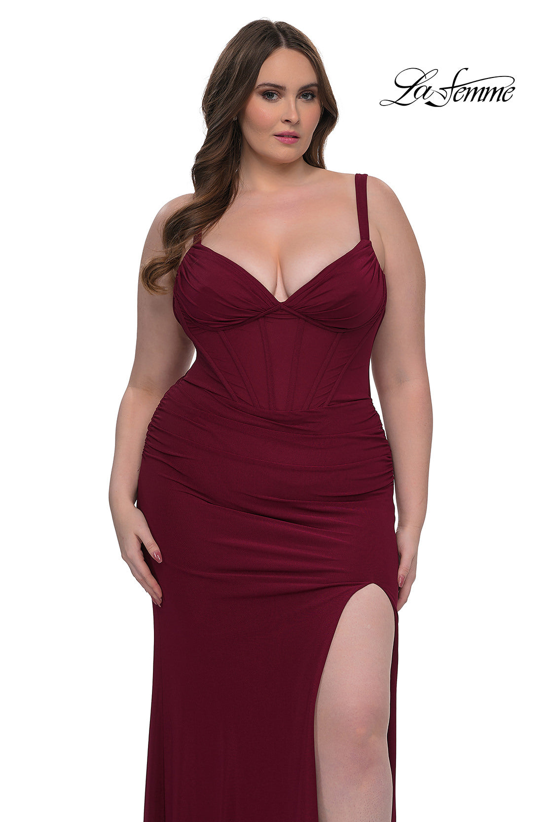 Picture of: Flattering Curve Dress with Corset Top and Ruched Skirt in Dark Berry, Style: 33015, Main Picture