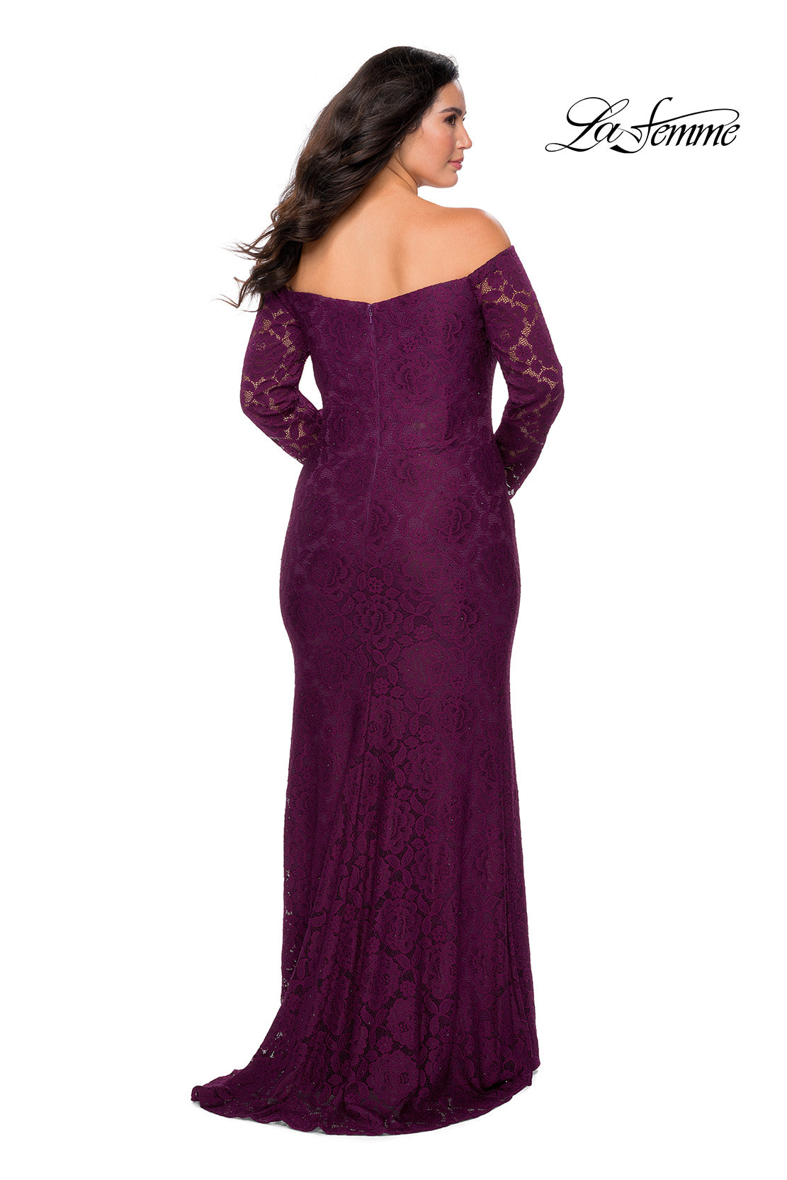 Picture of: Long Sleeve Off The Shoulder Lace Plus Size Dress in Burgundy, Style: 28859, Back Picture